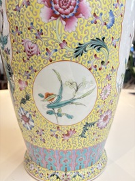 Two Chinese famille rose yellow-ground vases and a turquoise-ground vase, Qianlong and Jing De Zhen 景德鎮 marks, 20th C.