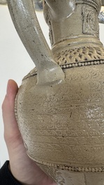 A Siegburg stoneware jug with mounted pewter lid, dated 1594