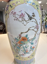 Two Chinese famille rose yellow-ground vases and a turquoise-ground vase, Qianlong and Jing De Zhen 景德鎮 marks, 20th C.