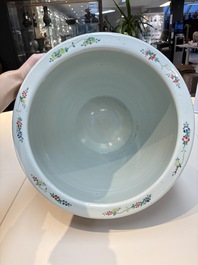 A large Chinese famille rose 'Bird among Flowering Branches' scroll pot, 19th C.