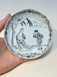 A Chinese grisaille semi-erotic 'La Nourriture' nine-piece tea service, Qianlong