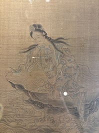Chinese school: 'Bodhisattva and a Dragon', ink and colour on silk, 19th C.
