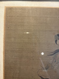 Chinese school: 'Bodhisattva and a Dragon', ink and colour on silk, 19th C.