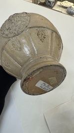 A Siegburg stoneware jug with mounted pewter lid, dated 1594