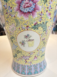 Two Chinese famille rose yellow-ground vases and a turquoise-ground vase, Qianlong and Jing De Zhen 景德鎮 marks, 20th C.