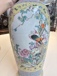 Two Chinese famille rose yellow-ground vases and a turquoise-ground vase, Qianlong and Jing De Zhen 景德鎮 marks, 20th C.
