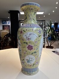 Two Chinese famille rose yellow-ground vases and a turquoise-ground vase, Qianlong and Jing De Zhen 景德鎮 marks, 20th C.