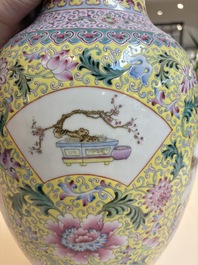 Two Chinese famille rose yellow-ground vases and a turquoise-ground vase, Qianlong and Jing De Zhen 景德鎮 marks, 20th C.