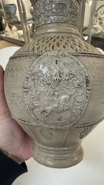 A Siegburg stoneware jug with mounted pewter lid, dated 1594