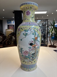 Two Chinese famille rose yellow-ground vases and a turquoise-ground vase, Qianlong and Jing De Zhen 景德鎮 marks, 20th C.