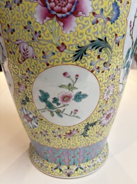 Two Chinese famille rose yellow-ground vases and a turquoise-ground vase, Qianlong and Jing De Zhen 景德鎮 marks, 20th C.