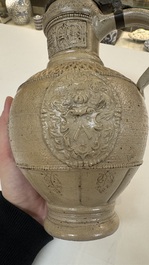 A Siegburg stoneware jug with mounted pewter lid, dated 1594