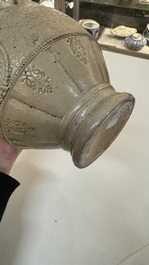 A Siegburg stoneware jug with mounted pewter lid, dated 1594