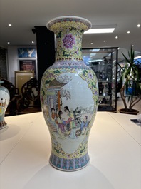 Two Chinese famille rose yellow-ground vases and a turquoise-ground vase, Qianlong and Jing De Zhen 景德鎮 marks, 20th C.