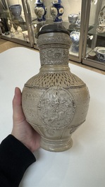 A Siegburg stoneware jug with mounted pewter lid, dated 1594