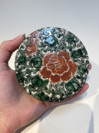 Five Chinese blue, white, famille rose and wucai covers, Kangxi and later