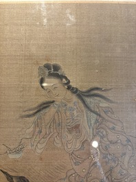 Chinese school: 'Bodhisattva and a Dragon', ink and colour on silk, 19th C.