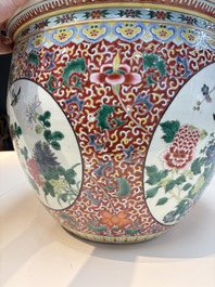 A large Chinese famille rose 'Bird among Flowering Branches' scroll pot, 19th C.