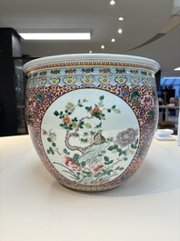 A large Chinese famille rose 'Bird among Flowering Branches' scroll pot, 19th C.