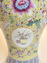 Two Chinese famille rose yellow-ground vases and a turquoise-ground vase, Qianlong and Jing De Zhen 景德鎮 marks, 20th C.
