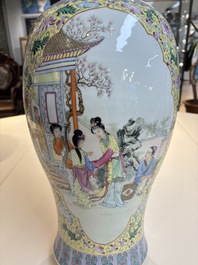 Two Chinese famille rose yellow-ground vases and a turquoise-ground vase, Qianlong and Jing De Zhen 景德鎮 marks, 20th C.