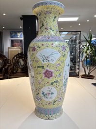 Two Chinese famille rose yellow-ground vases and a turquoise-ground vase, Qianlong and Jing De Zhen 景德鎮 marks, 20th C.