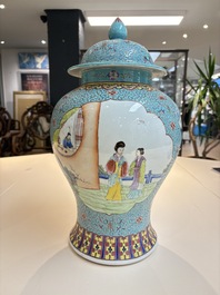 Two Chinese famille rose yellow-ground vases and a turquoise-ground vase, Qianlong and Jing De Zhen 景德鎮 marks, 20th C.