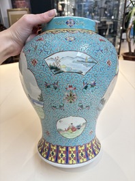 Two Chinese famille rose yellow-ground vases and a turquoise-ground vase, Qianlong and Jing De Zhen 景德鎮 marks, 20th C.