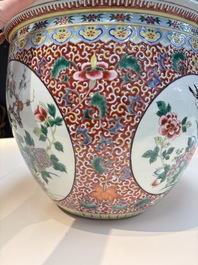 A large Chinese famille rose 'Bird among Flowering Branches' scroll pot, 19th C.