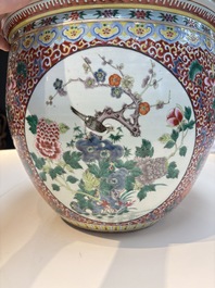 A large Chinese famille rose 'Bird among Flowering Branches' scroll pot, 19th C.