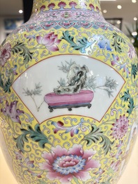 Two Chinese famille rose yellow-ground vases and a turquoise-ground vase, Qianlong and Jing De Zhen 景德鎮 marks, 20th C.