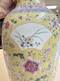Two Chinese famille rose yellow-ground vases and a turquoise-ground vase, Qianlong and Jing De Zhen 景德鎮 marks, 20th C.