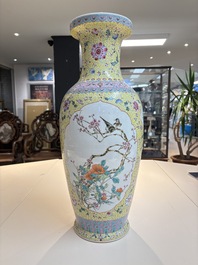 Two Chinese famille rose yellow-ground vases and a turquoise-ground vase, Qianlong and Jing De Zhen 景德鎮 marks, 20th C.