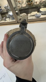 A Siegburg stoneware jug with mounted pewter lid, dated 1594