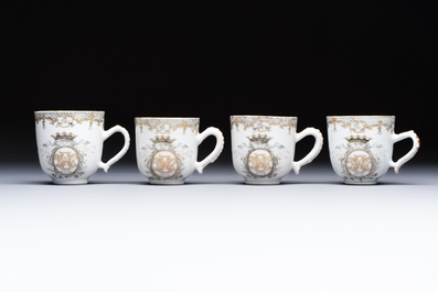 Four sets of Chinese export grisaille and gilt-decorated handled cups and saucers with crowned monograms, Qianlong