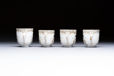 Four sets of Chinese export grisaille and gilt-decorated handled cups and saucers with crowned monograms, Qianlong