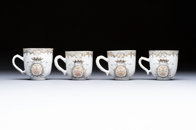 Four sets of Chinese export grisaille and gilt-decorated handled cups and saucers with crowned monograms, Qianlong