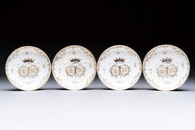 Four sets of Chinese export grisaille and gilt-decorated handled cups and saucers with crowned monograms, Qianlong
