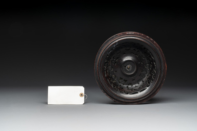 An impressive Chinese famille rose 'Bajixiang and Lotus Scroll' tripod censer with a wooden cover, Jiaqing mark and of the period