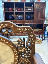 A pair of Chinese marble-inset mother-of-pearl-inlaid hongmu chairs, 19th C.