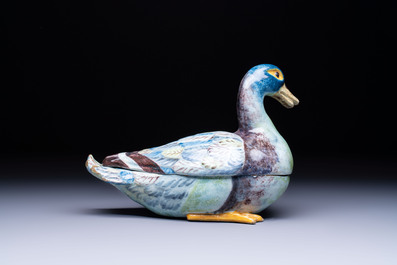 A polychrome French faience duck-form tureen and cover, possibly Bordeaux, 18th C.