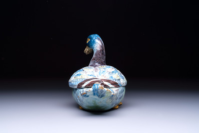 A polychrome French faience duck-form tureen and cover, possibly Bordeaux, 18th C.