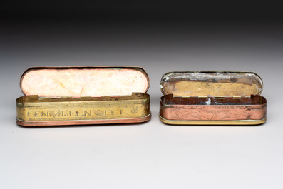 A group of four copper and brass engraved tobacco boxes, The Netherlands, 18th C.