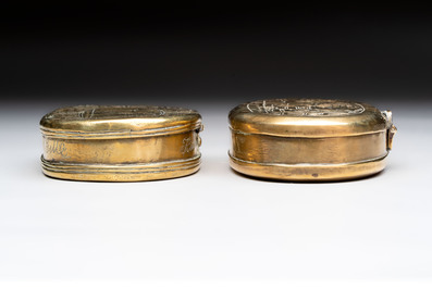 A group of four copper and brass engraved tobacco boxes, The Netherlands, 18th C.