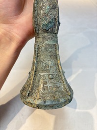 A Chinese archaic bronze wine vessel, Gu 觚, Shang