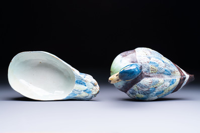A polychrome French faience duck-form tureen and cover, possibly Bordeaux, 18th C.