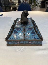 A pair of Chinese cloisonn&eacute; 'Fangding' censers and covers with Taotie design on carved wooden stands, 19th C.