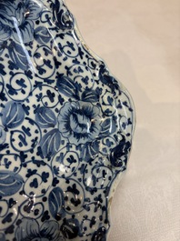 A fine blue and white Dutch Delft strawberry strainer and stand, 18th C.