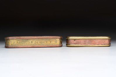 A group of four copper and brass engraved tobacco boxes, The Netherlands, 18th C.