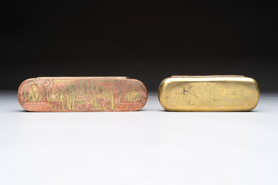 A group of four copper and brass engraved tobacco boxes, The Netherlands, 18th C.